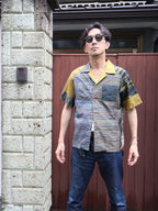 着物アロハシャツ 大島紬 虎刺繍入り Lサイズ CA55