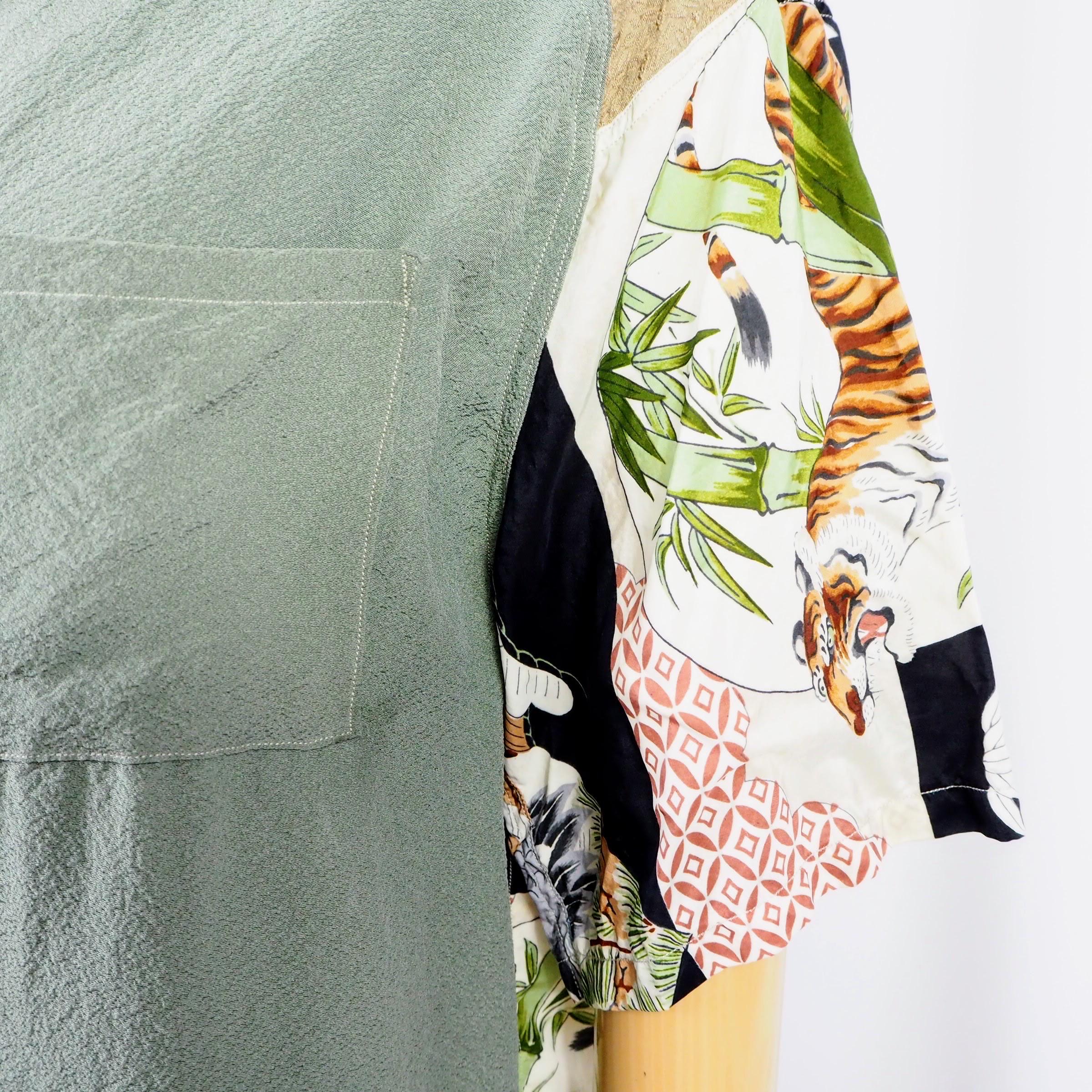 Kimono Aloha Shirt, Crane, Hawk, Tiger, Silk, Size M, CA48