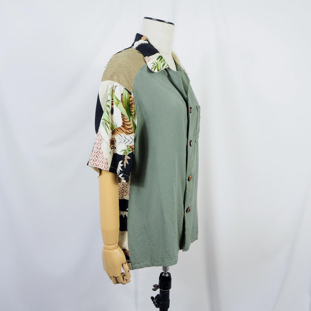 Kimono Aloha Shirt, Crane, Hawk, Tiger, Silk, Size M, CA48