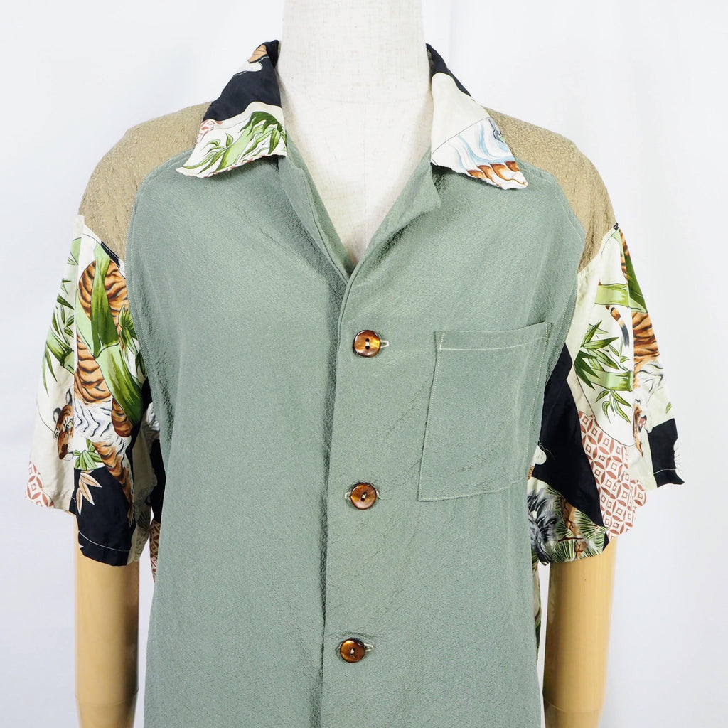 Kimono Aloha Shirt, Crane, Hawk, Tiger, Silk, Size M, CA48