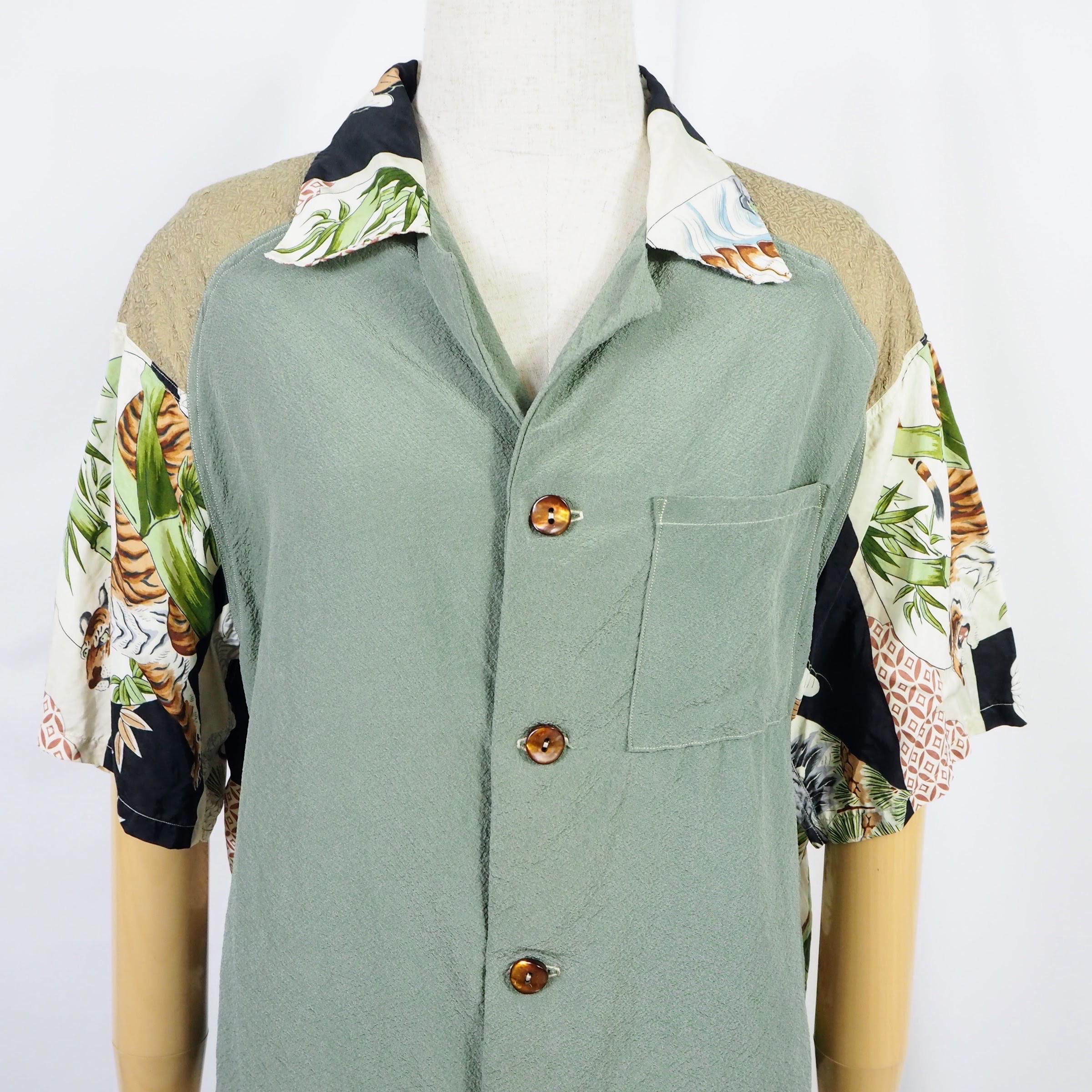 Kimono Aloha Shirt, Crane, Hawk, Tiger, Silk, Size M, CA48