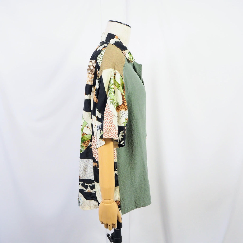 Kimono Aloha Shirt, Crane, Hawk, Tiger, Silk, Size M, CA48