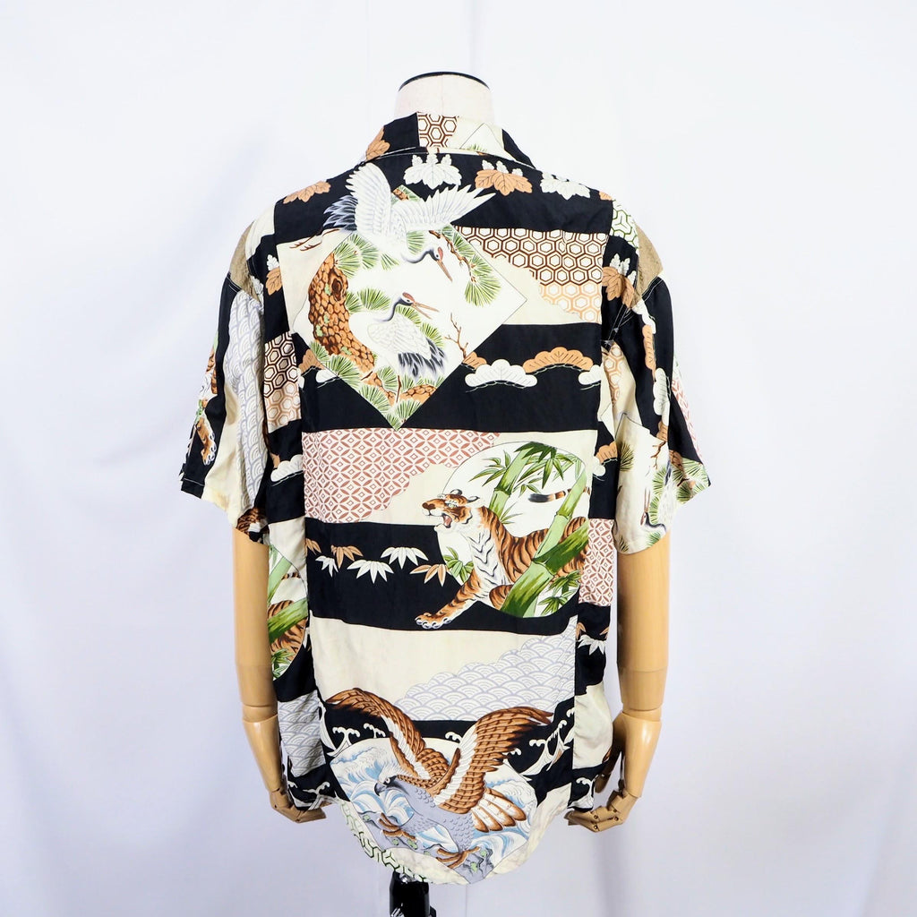 Kimono Aloha Shirt, Crane, Hawk, Tiger, Silk, Size M, CA48