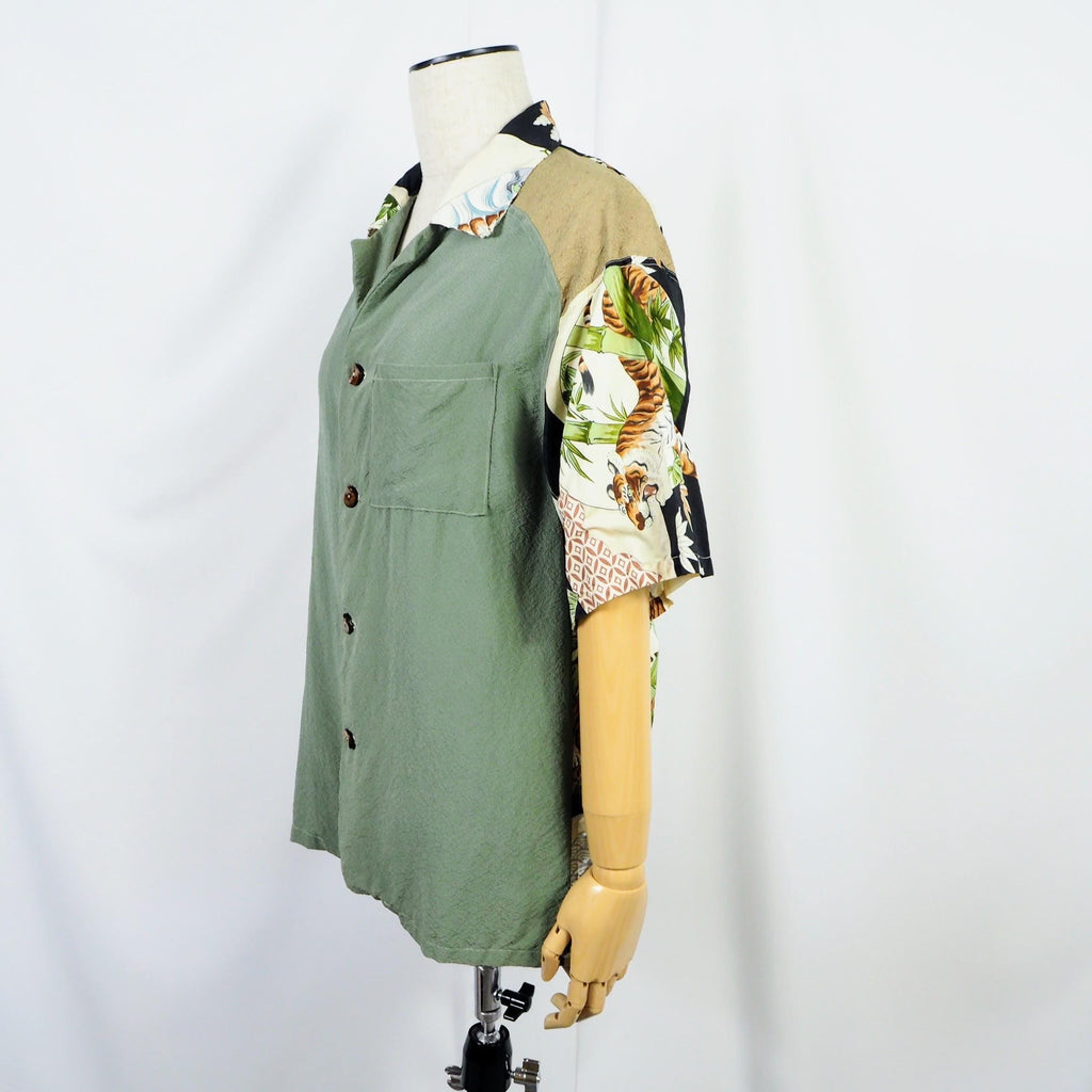 Kimono Aloha Shirt, Crane, Hawk, Tiger, Silk, Size M, CA48