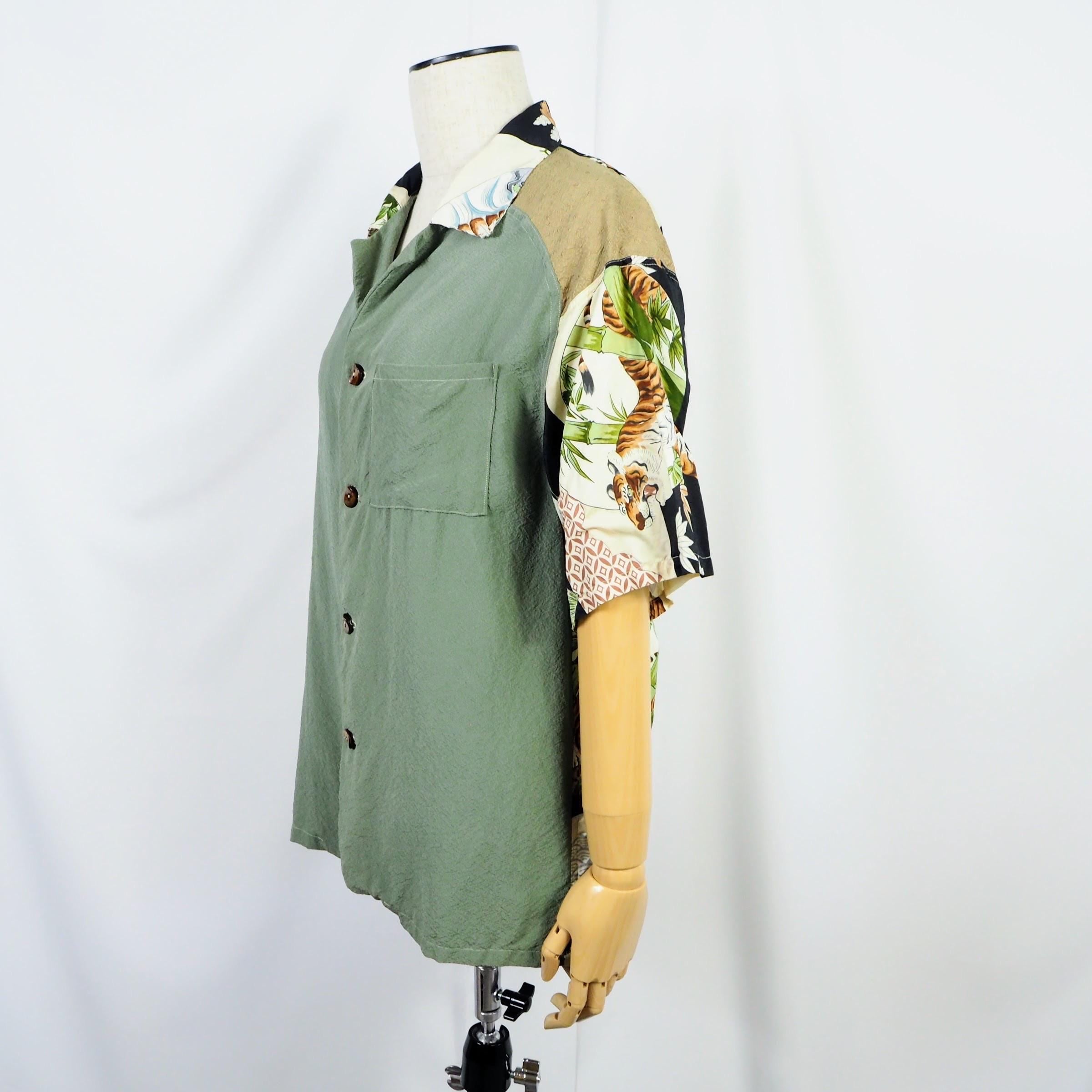 Kimono Aloha Shirt, Crane, Hawk, Tiger, Silk, Size M, CA48