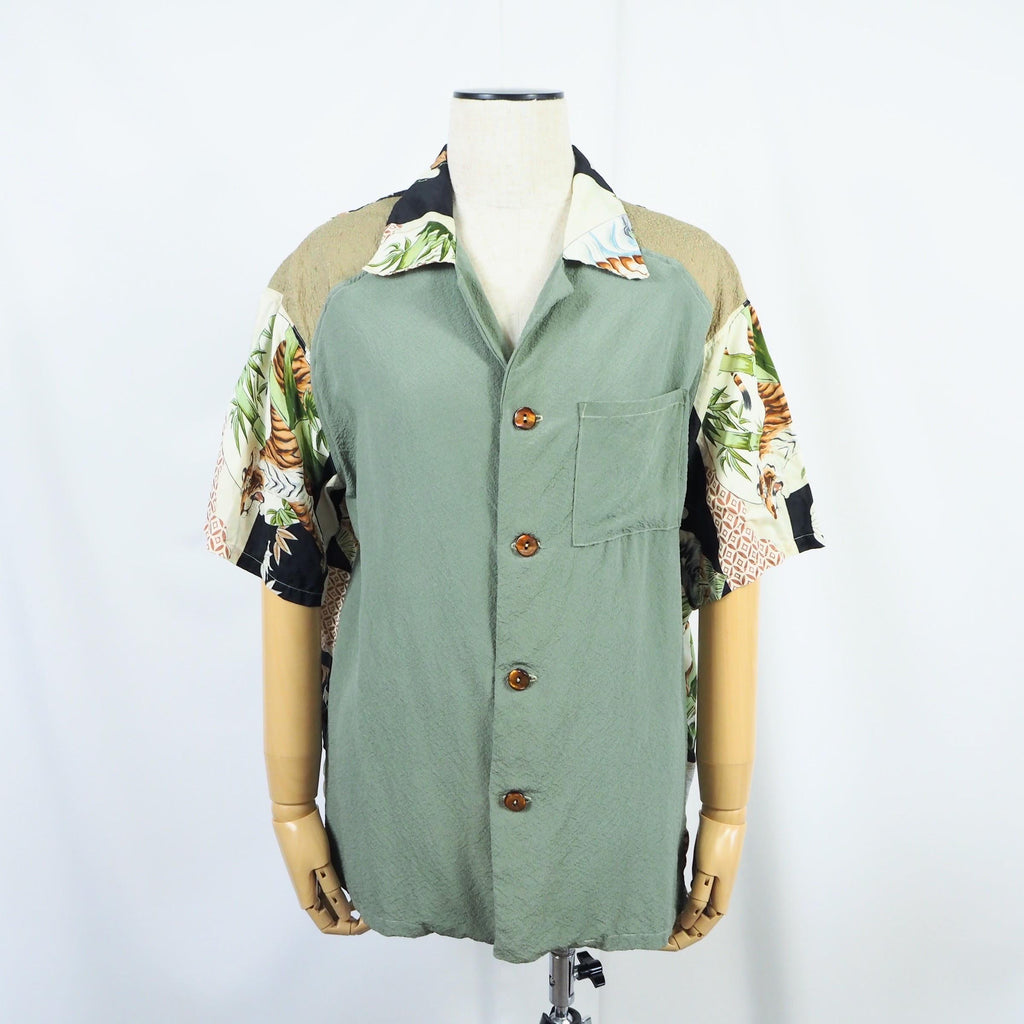Kimono Aloha Shirt, Crane, Hawk, Tiger, Silk, Size M, CA48
