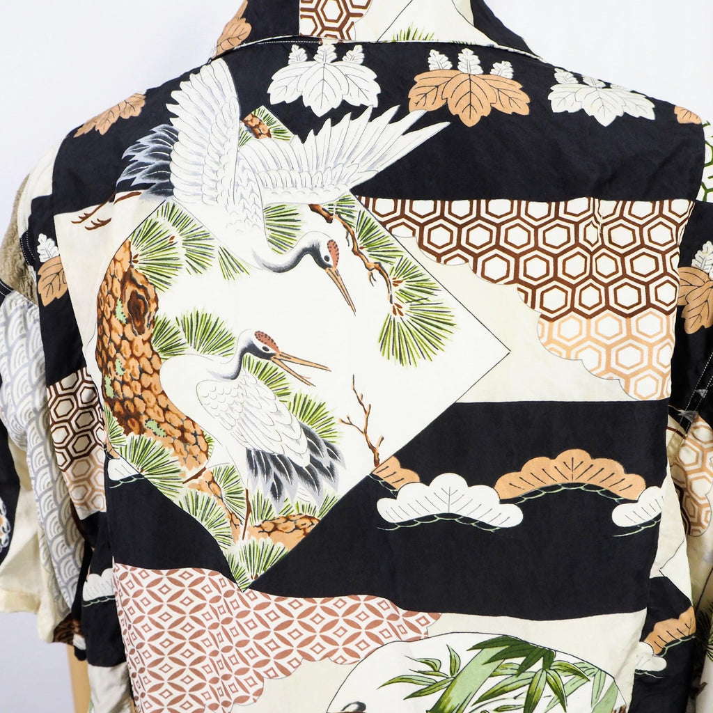 Kimono Aloha Shirt, Crane, Hawk, Tiger, Silk, Size M, CA48