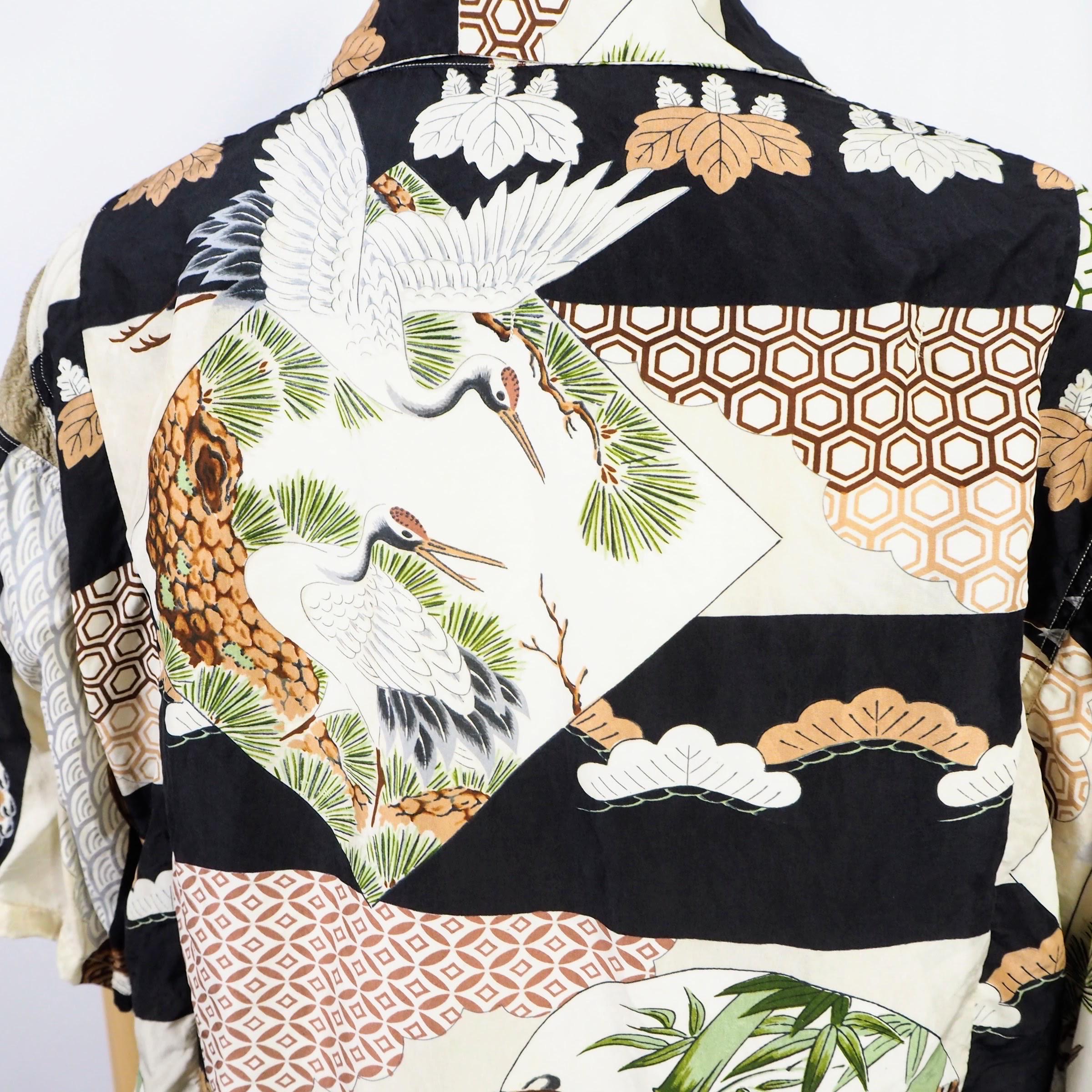Kimono Aloha Shirt, Crane, Hawk, Tiger, Silk, Size M, CA48