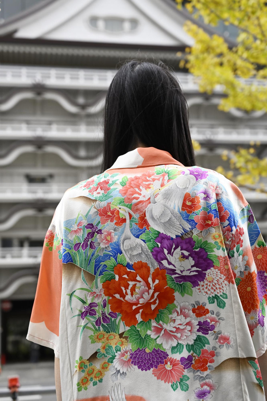 着物アロハシャツ 牡丹 菊 シルク Mサイズ CA8