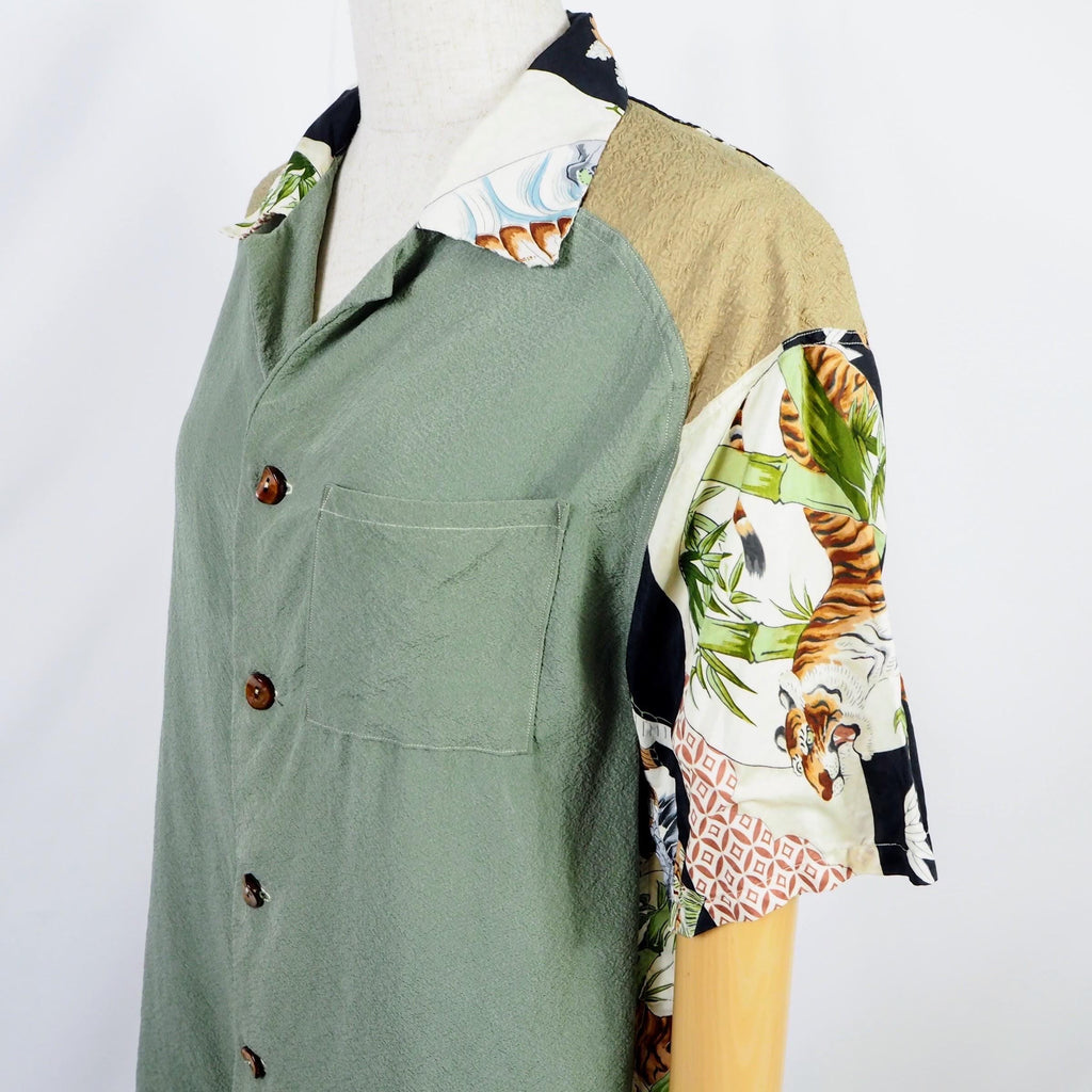Kimono Aloha Shirt, Crane, Hawk, Tiger, Silk, Size M, CA48