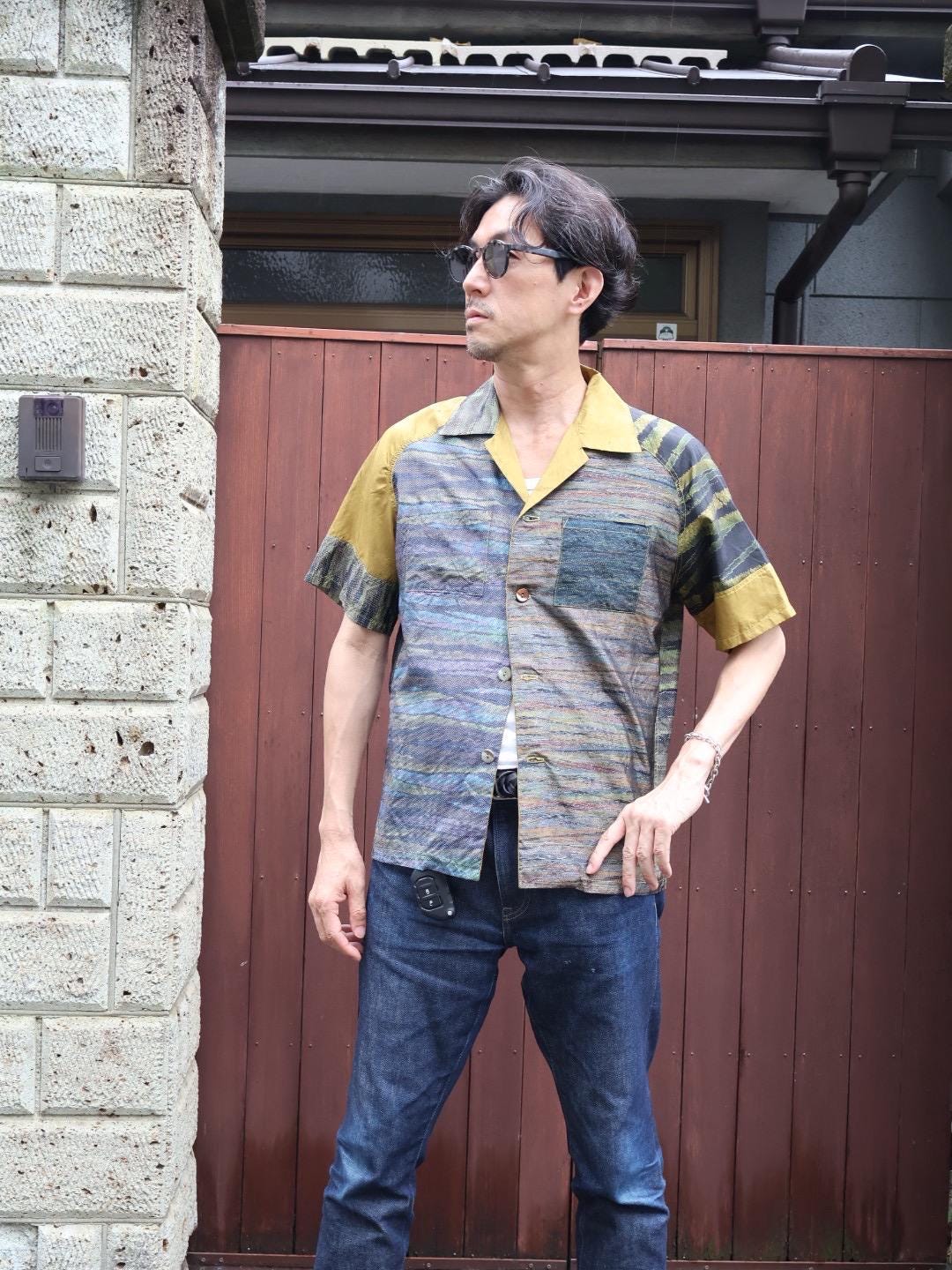 着物アロハシャツ 大島紬 虎刺繍入り Lサイズ CA55