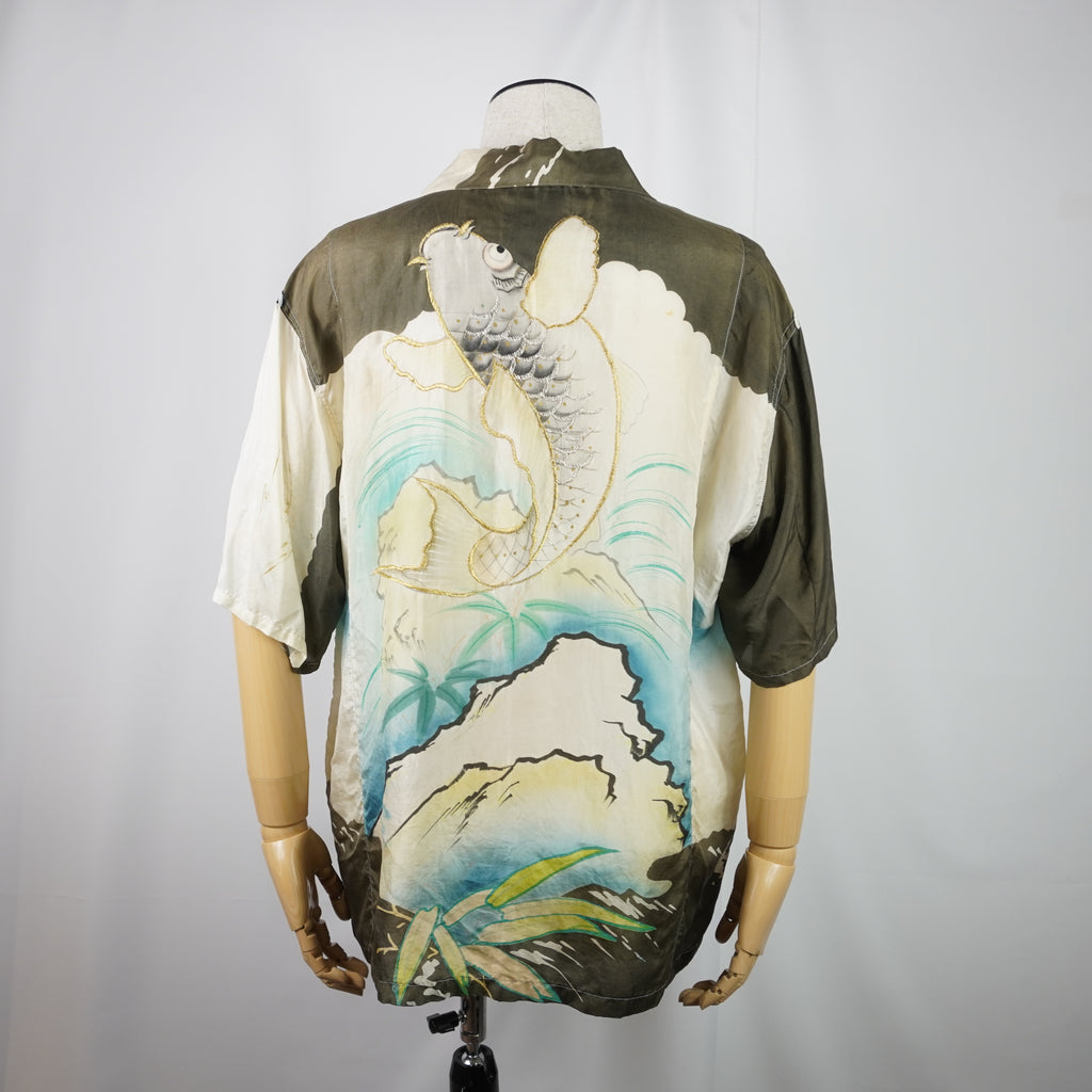 Kimono Aloha Shirt, Carp Pattern, Silk, Size M, CA6
