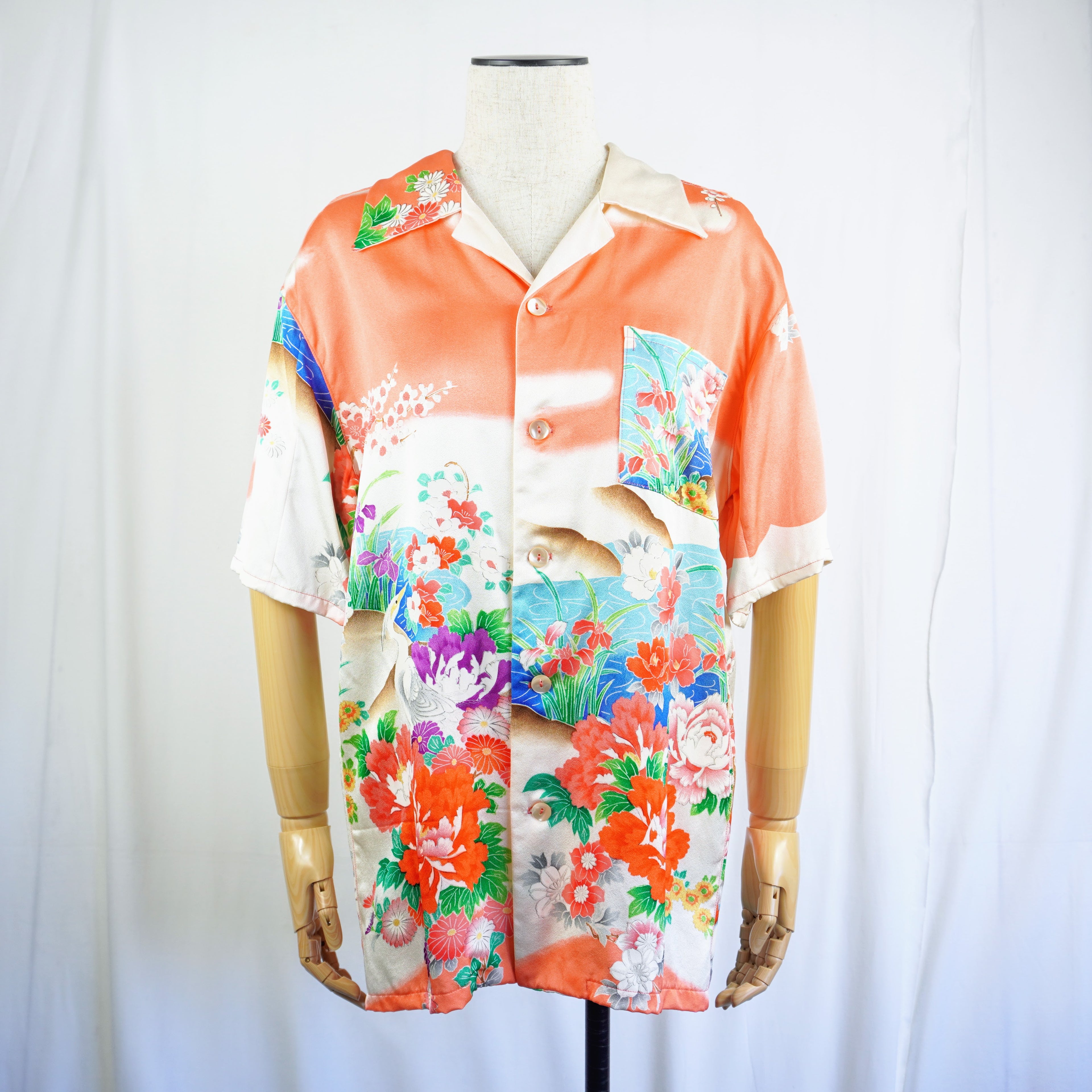 着物アロハシャツ 牡丹 菊 シルク Mサイズ CA8