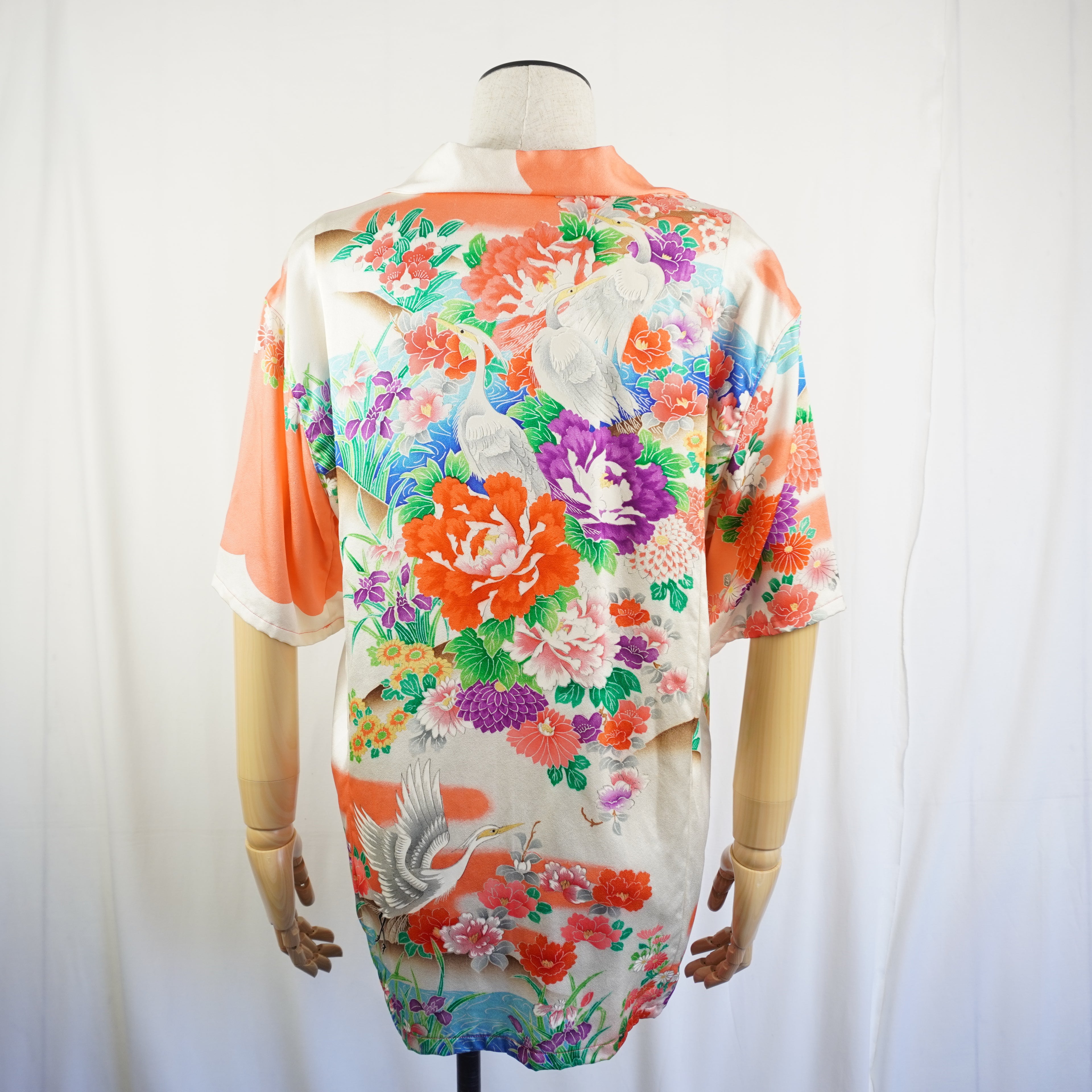 着物アロハシャツ 牡丹 菊 シルク Mサイズ CA8