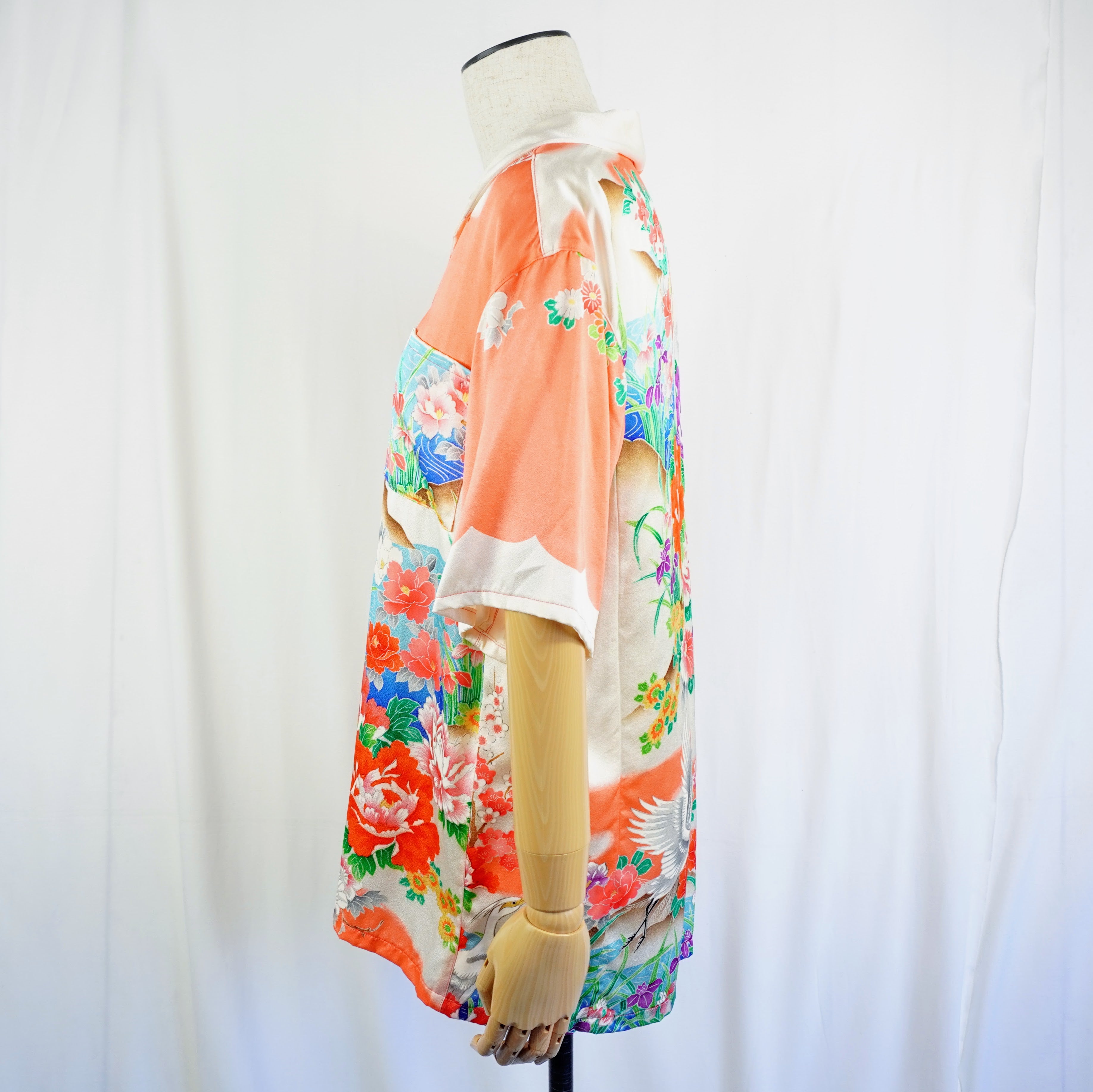 着物アロハシャツ 牡丹 菊 シルク Mサイズ CA8