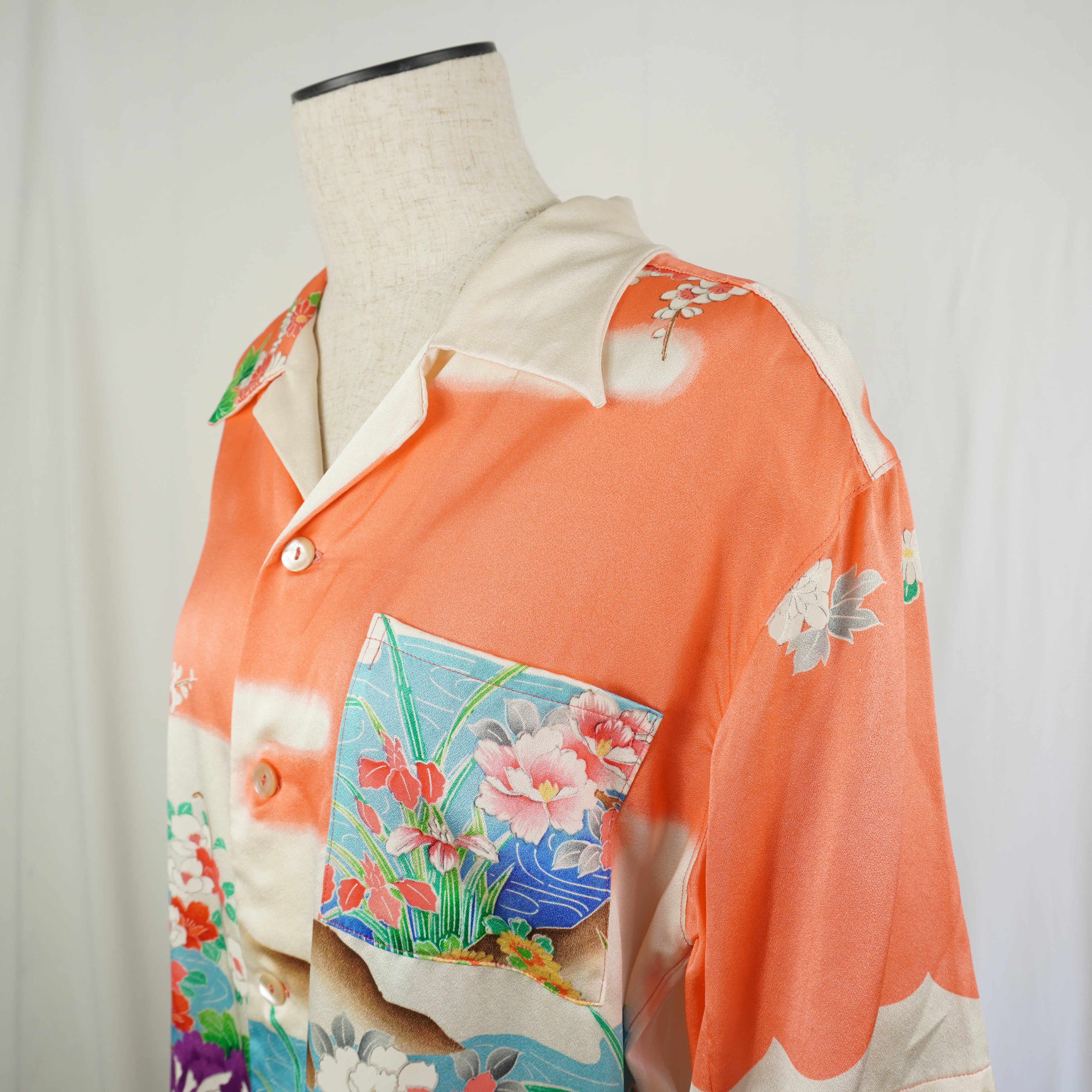 着物アロハシャツ 牡丹 菊 シルク Mサイズ CA8
