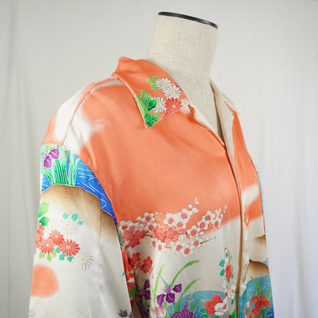 着物アロハシャツ 牡丹 菊 シルク Mサイズ CA8