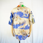 Kimono Aloha Shirt, Crane and Helmet Design, Silk, Size M, CA10