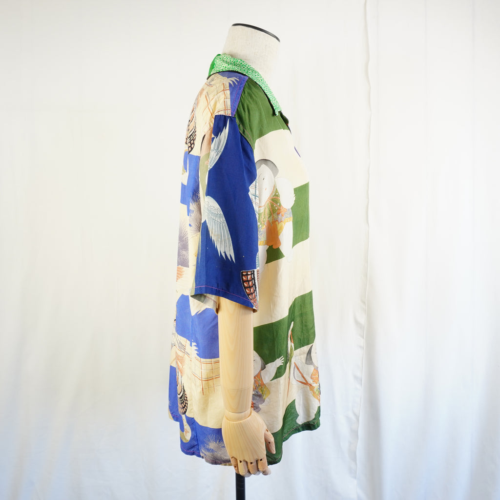 Kimono Aloha Shirt, Crane and Helmet Design, Silk, Size M, CA10