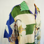 Kimono Aloha Shirt, Crane and Helmet Design, Silk, Size M, CA10