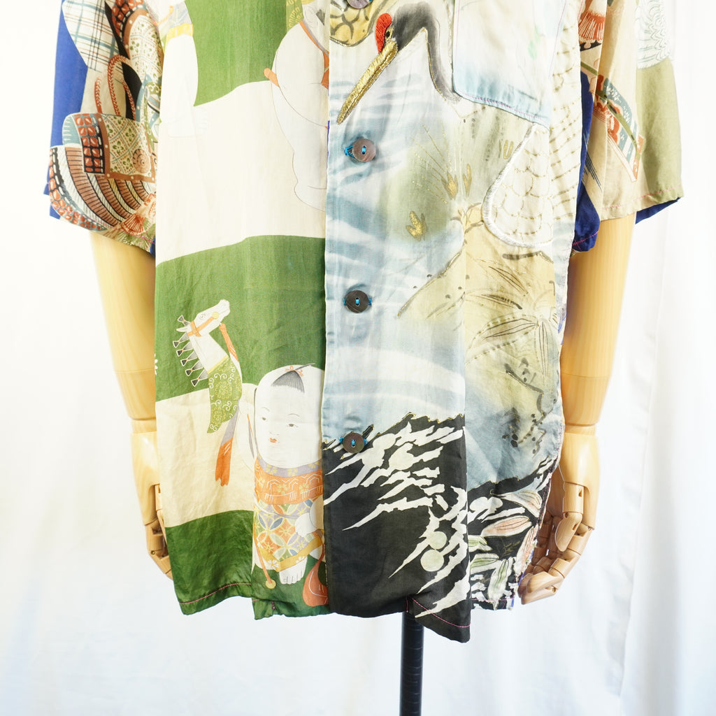 Kimono Aloha Shirt, Crane and Helmet Design, Silk, Size M, CA10