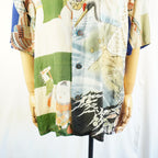Kimono Aloha Shirt, Crane and Helmet Design, Silk, Size M, CA10