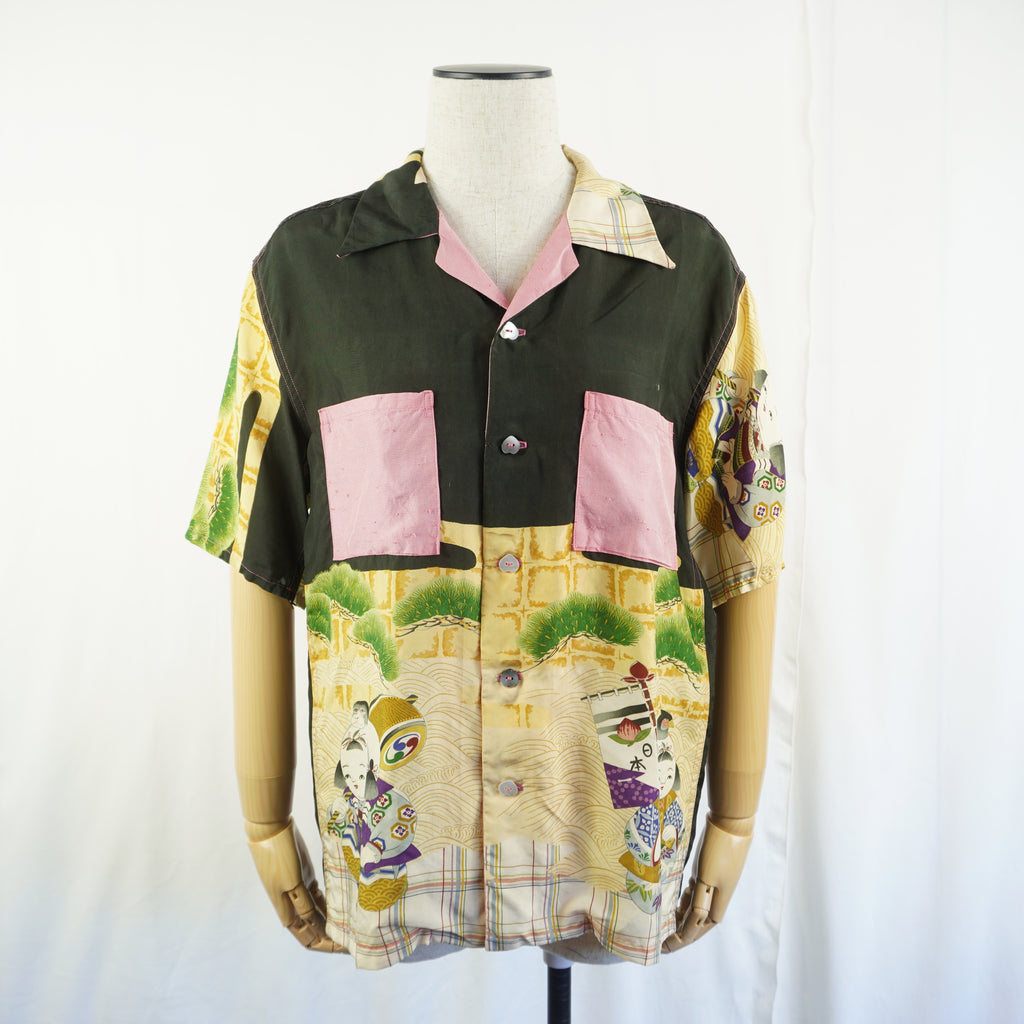 Kimono Aloha Shirt, Momotaro, Peach, Silk, Size M, CA15