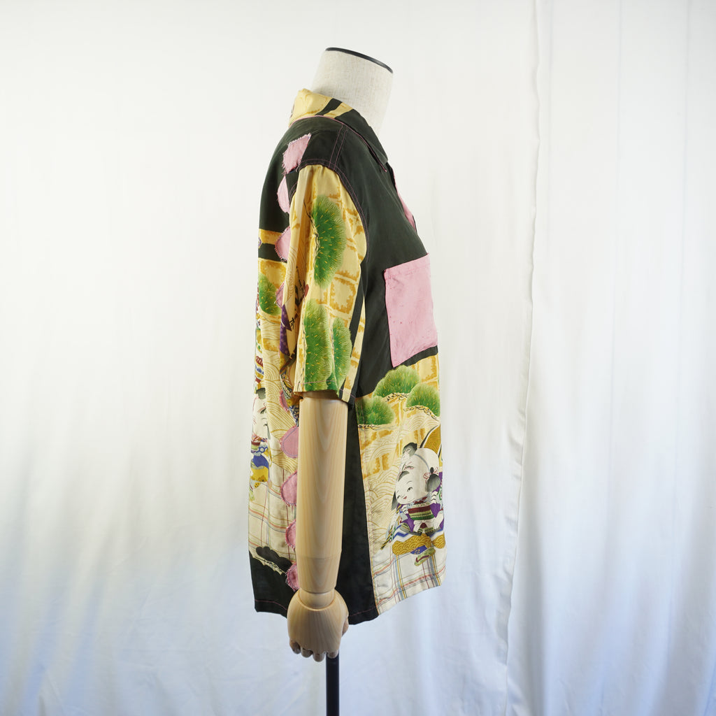 Kimono Aloha Shirt, Momotaro, Peach, Silk, Size M, CA15