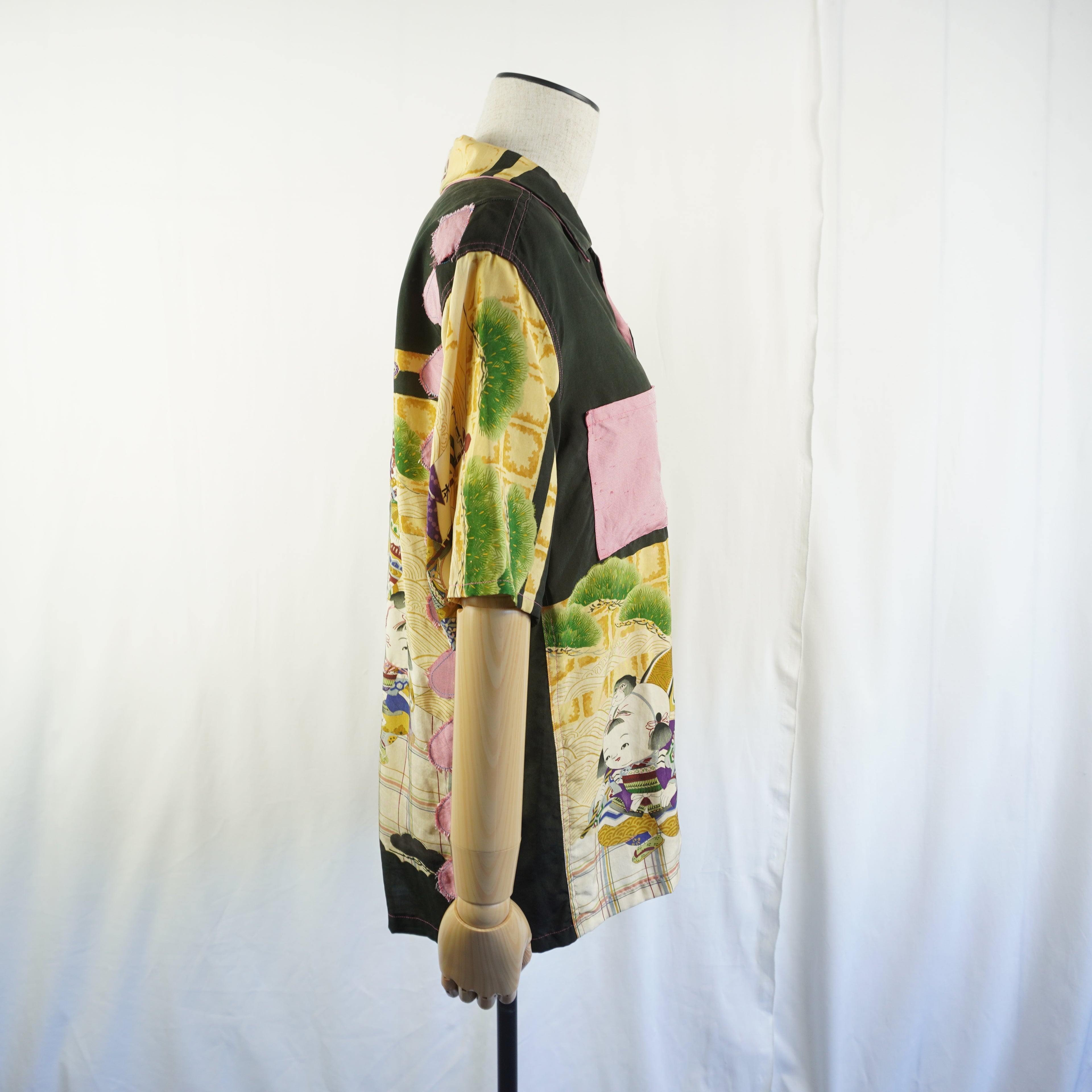 Kimono Aloha Shirt, Momotaro, Peach, Silk, Size M, CA15