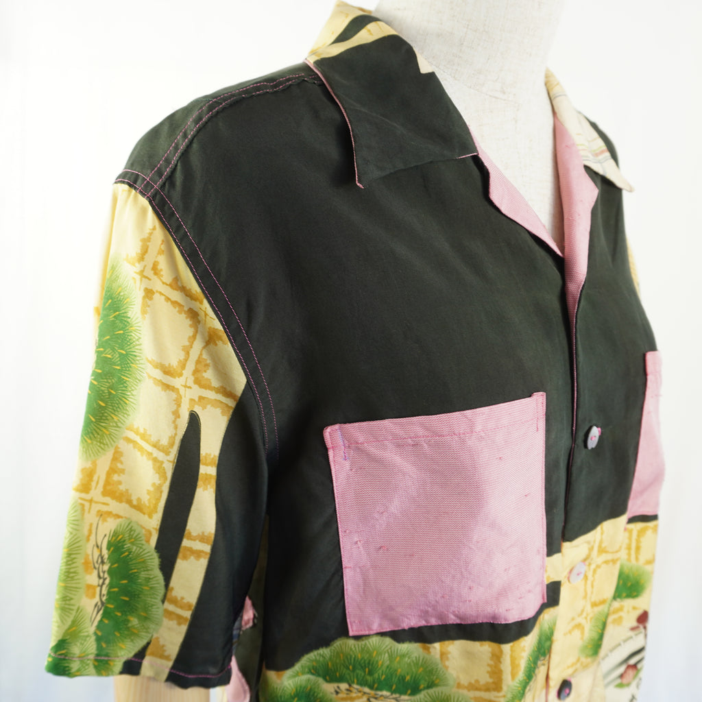 Kimono Aloha Shirt, Momotaro, Peach, Silk, Size M, CA15