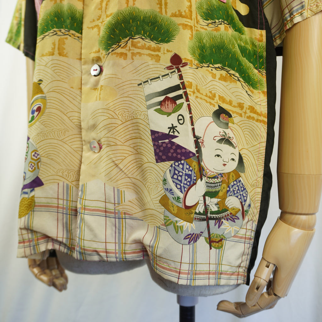Kimono Aloha Shirt, Momotaro, Peach, Silk, Size M, CA15