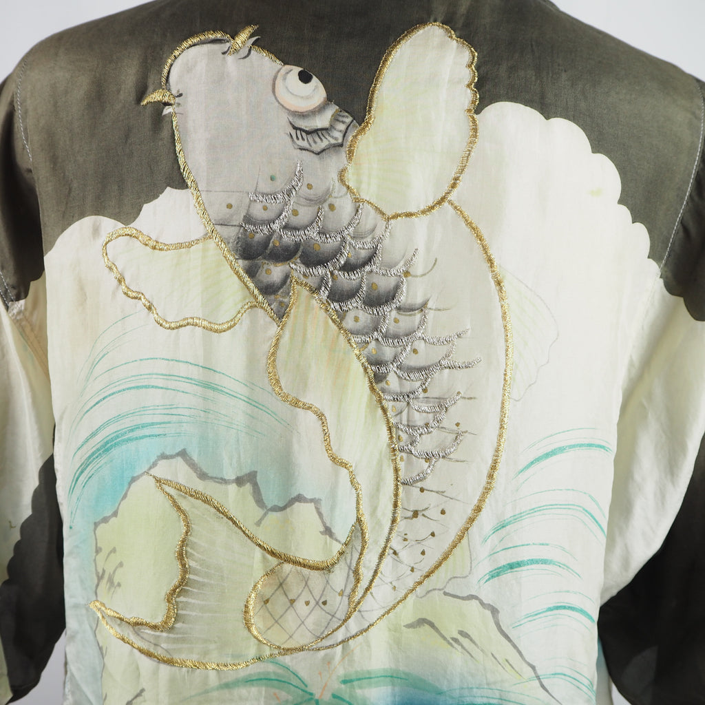 Kimono Aloha Shirt, Carp Pattern, Silk, Size M, CA6