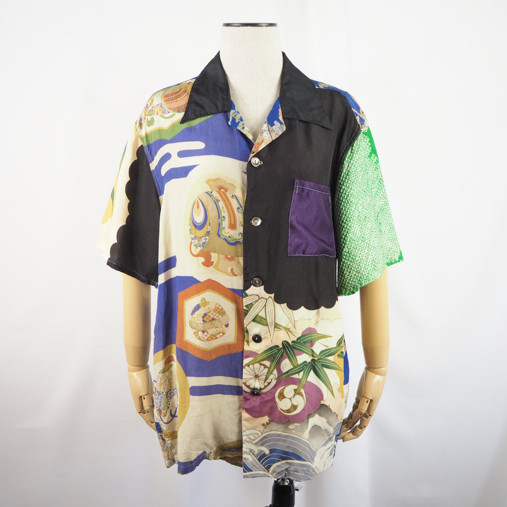 Kimono Aloha Shirt, Crane and Helmet Design, Silk, Size M, CA21