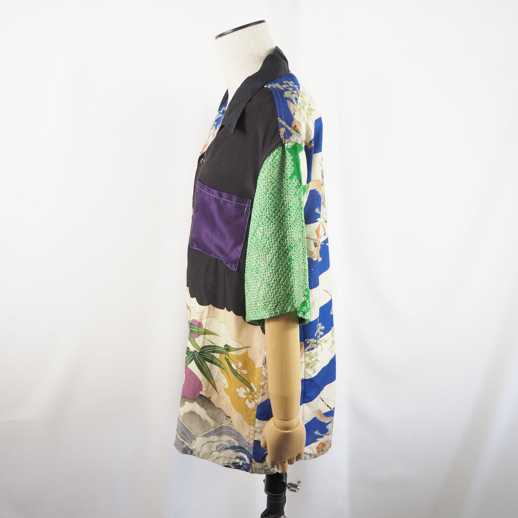 Kimono Aloha Shirt, Crane and Helmet Design, Silk, Size M, CA21