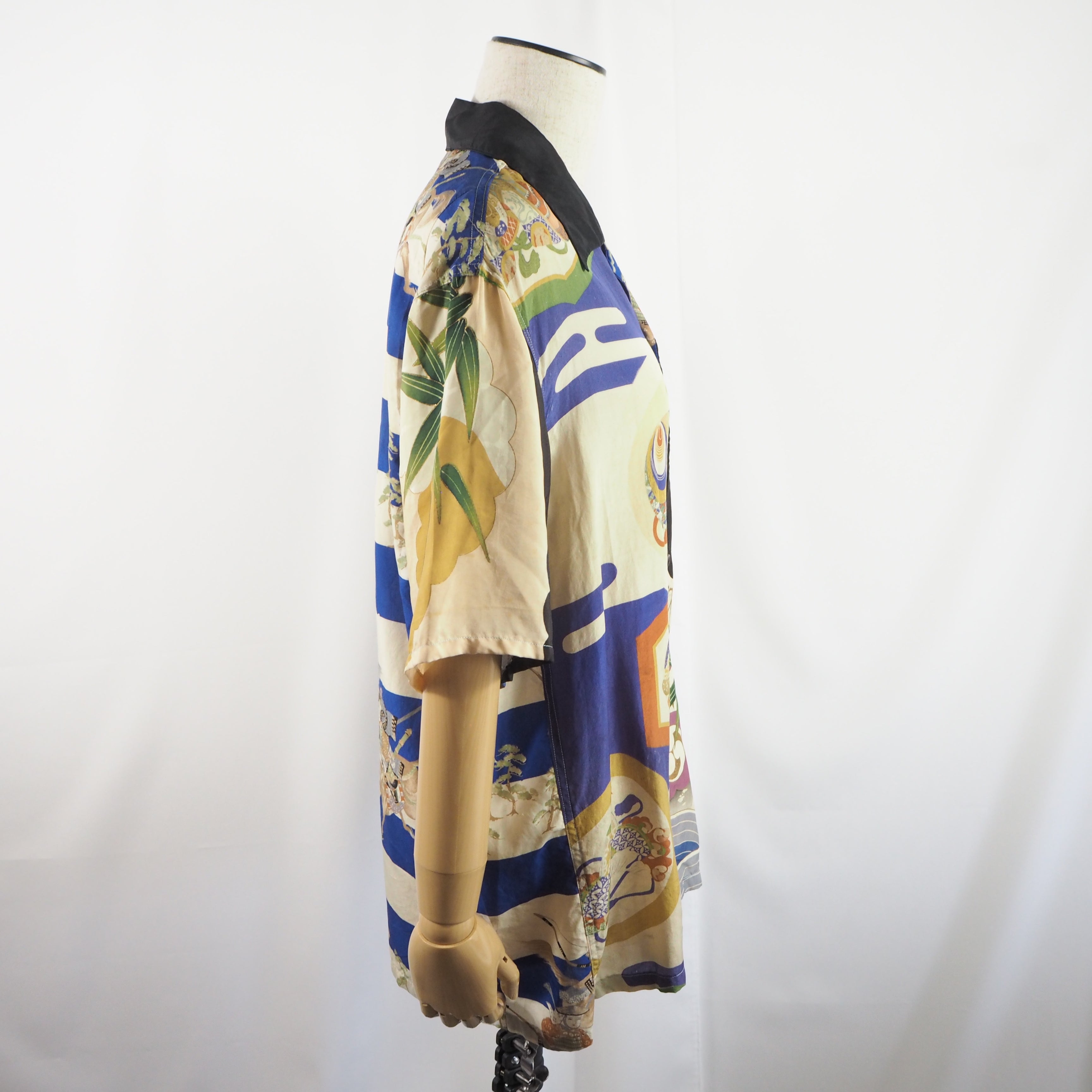Kimono Aloha Shirt, Crane and Helmet Design, Silk, Size M, CA21