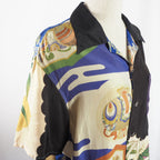 Kimono Aloha Shirt, Crane and Helmet Design, Silk, Size M, CA21