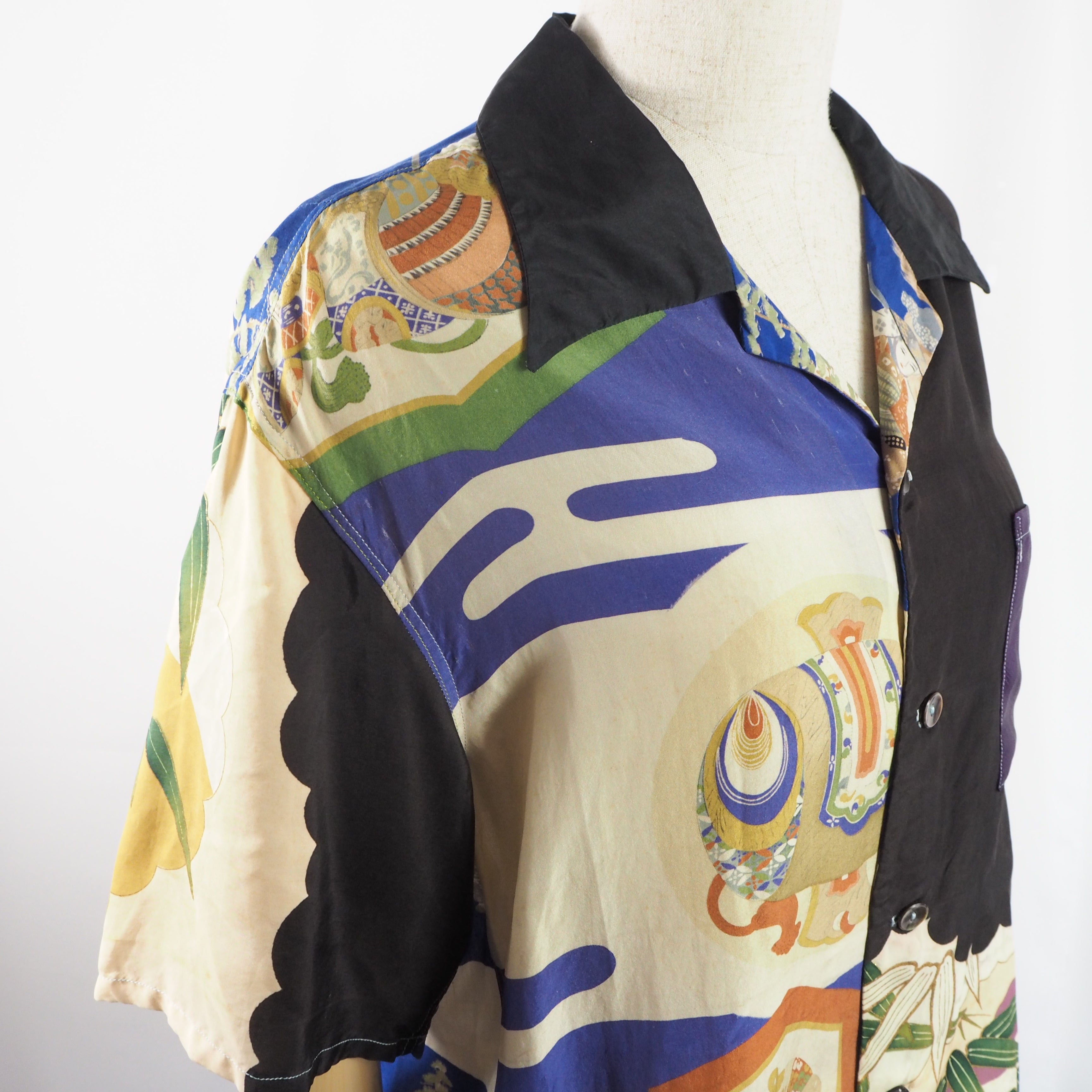 Kimono Aloha Shirt, Crane and Helmet Design, Silk, Size M, CA21