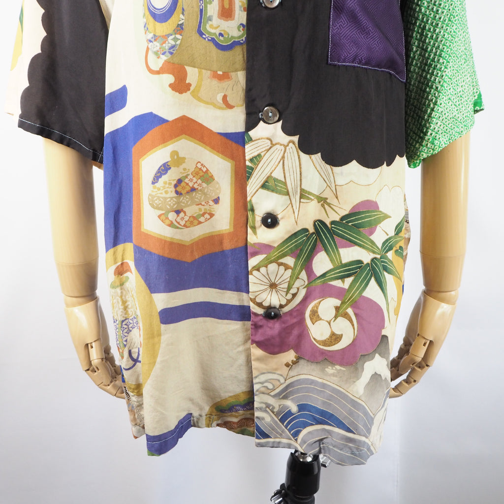Kimono Aloha Shirt, Crane and Helmet Design, Silk, Size M, CA21
