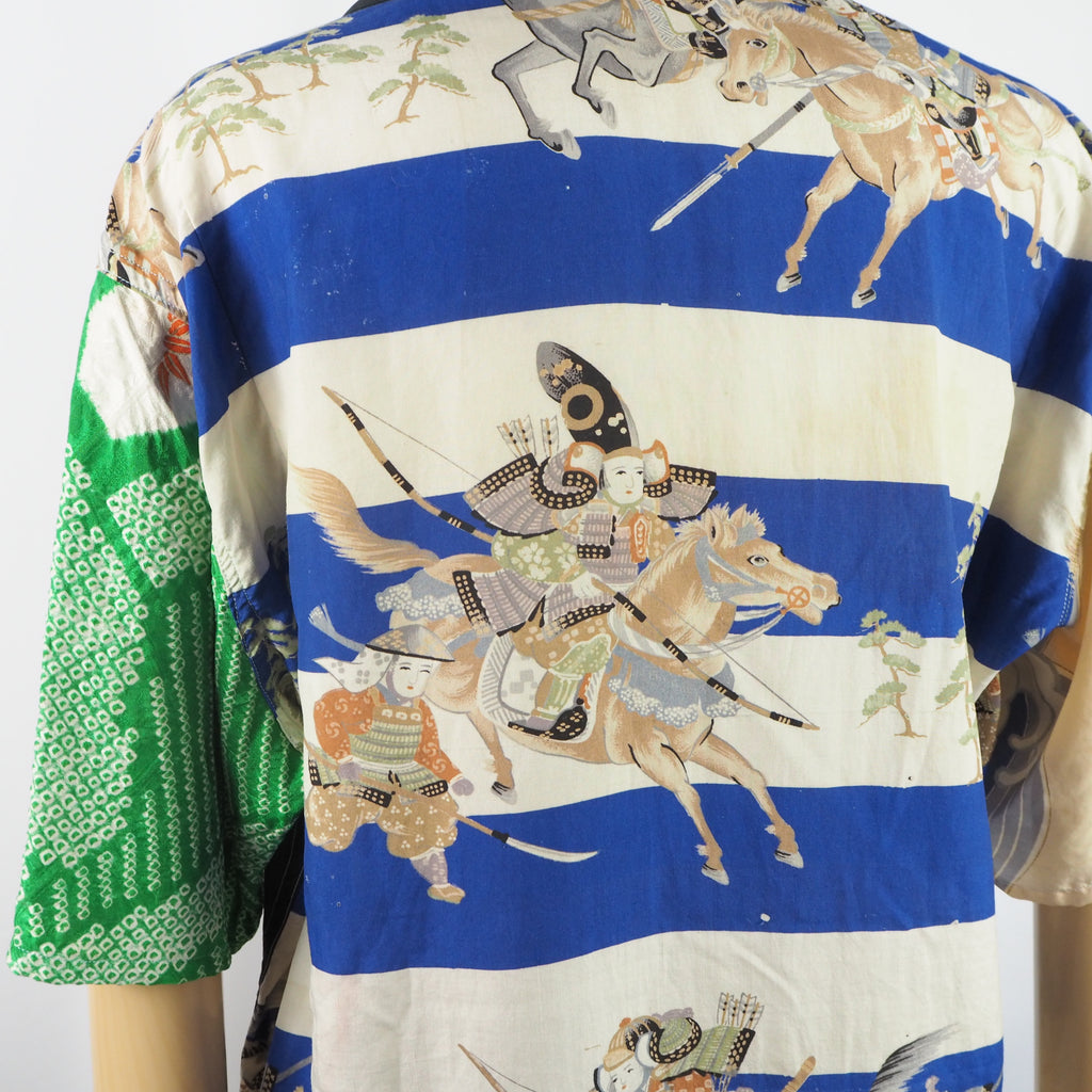 Kimono Aloha Shirt, Crane and Helmet Design, Silk, Size M, CA21
