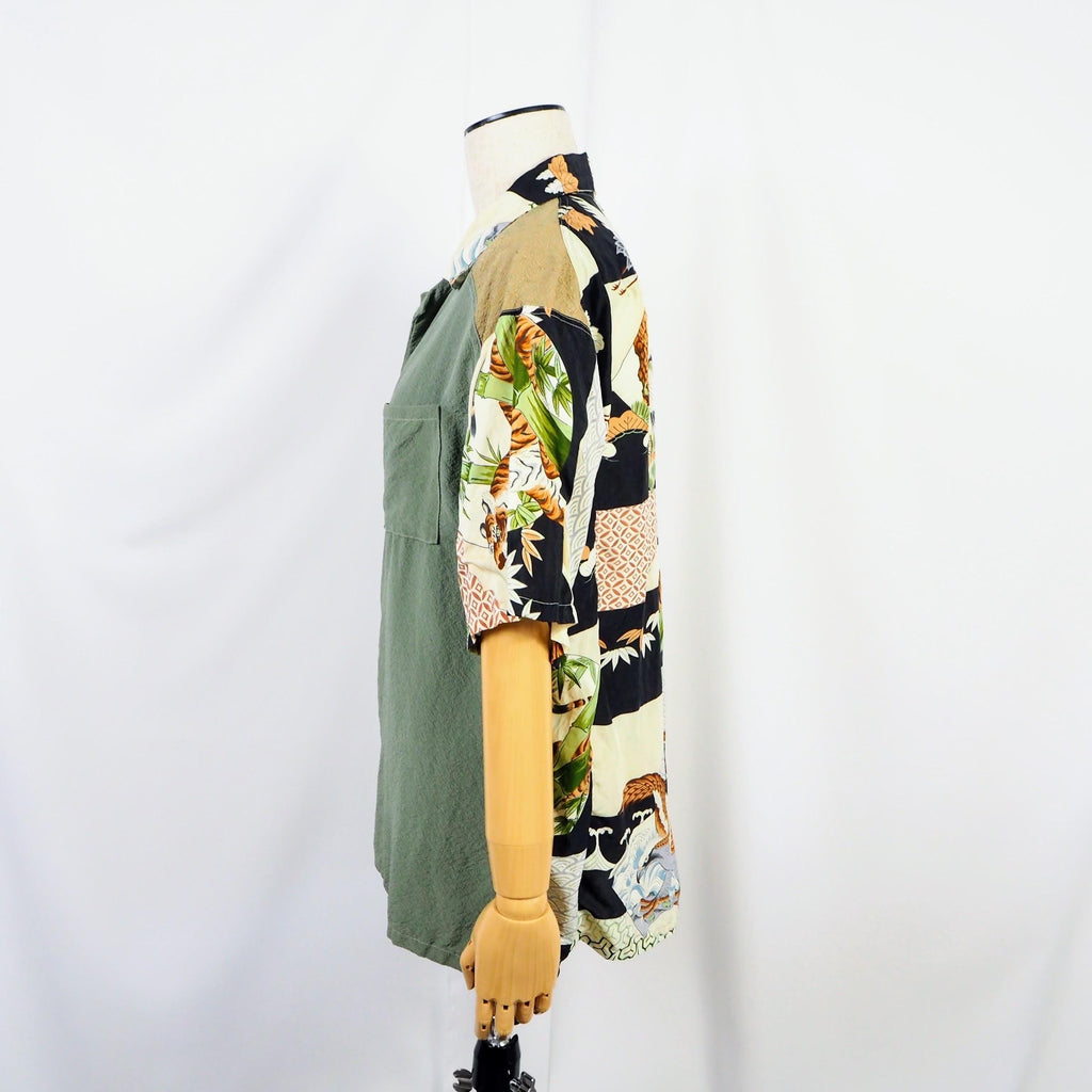 Kimono Aloha Shirt, Crane, Hawk, Tiger, Silk, Size M, CA48