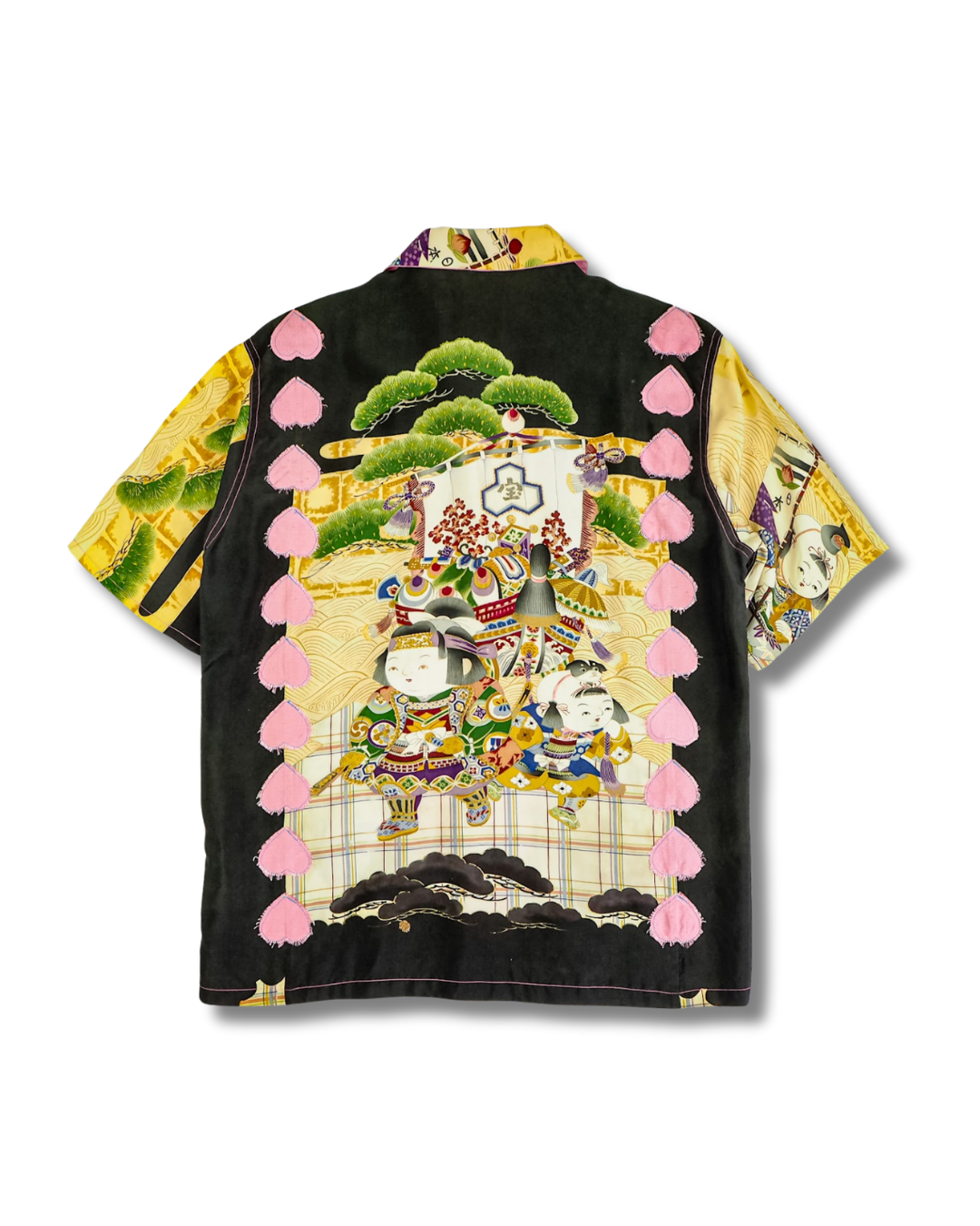 着物アロハシャツ 桃太郎 桃 シルク Mサイズ CA15