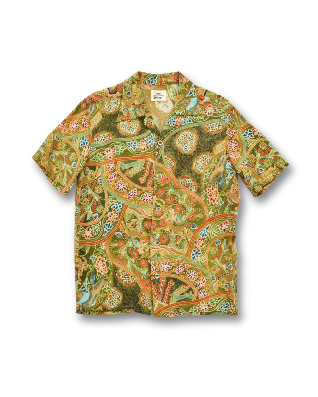 黄色を基調とする草花が大きく描かれた着物アロハシャツ